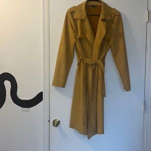 Mustard yellow long coat/trench coat. Thin fabric but cute w/ hoodie underneath.